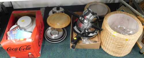 Ceramics and housewares, to include stainless steel saucepans and lids, weighing scales, wicker...
