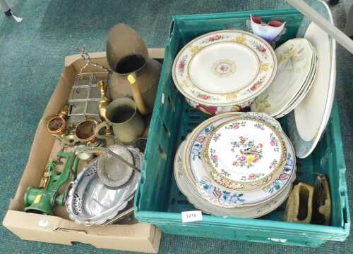 Ceramics and metalware, to include plates, copper jug, plated trays, meat grinder, etc....