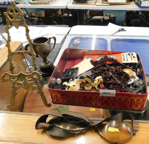 Buttons and costume jewellery, to include a plated trophy for The Ransom & Miles Electric...