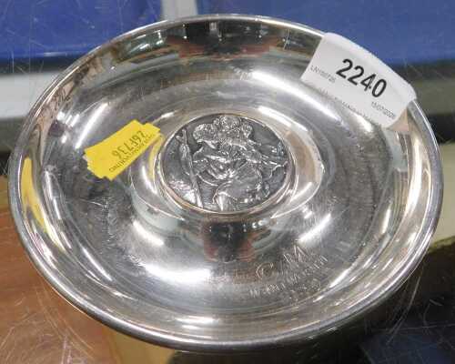 A plated pin tray, with St Christopher plaque to the centre, marked CM Wentworth 1939, Mappin &...