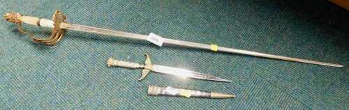 Decorative wall hanging replica sword, 85cm overall length, together with a similar letter...