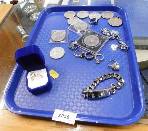 Various costume jewellery, coins, dress rings, Liberty dollars, mounted Elizabeth II coin, etc.