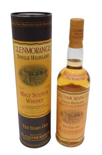 A bottle of Glenmorangie ten years old single malt Scotch whisky, in tin tube.