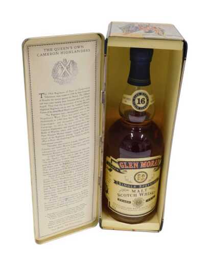 A bottle of Glen Moray single Speyside malt whisky, sixteen years old, in outer tin packaging.