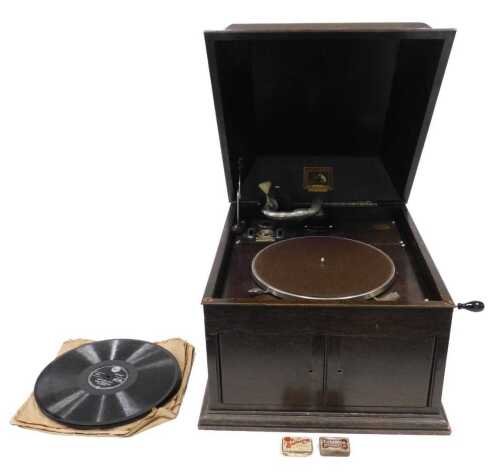 A mid-20thC HMV oak cased table gramophone, of rectangular form, with brown baize lined...