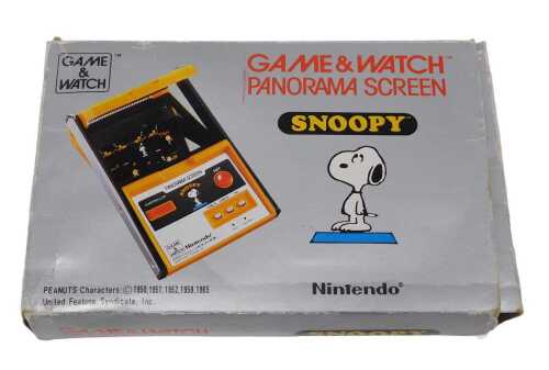 A Nintendo Snoopy gaming watch handheld game, with Panorama screen, in outer plastic wrapping,...