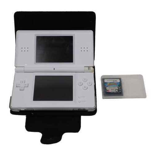 A Nintendo DS, small size in white, 14cm wide, in outer black case.