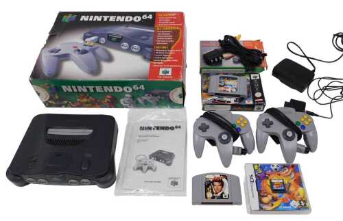 A Nintendo 64 Pal version games console, 35cm wide, in outer packaging, and a Nintendo 64 stereo...
