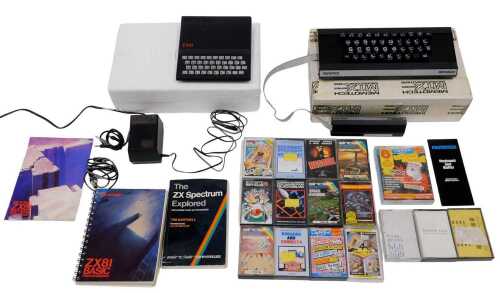 A Sinclair ZX81 computer system, 17cm wide, with various wires and other accessories, ZX81 basic...
