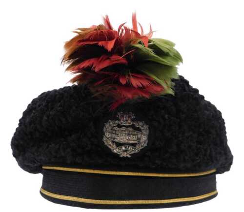 An elaborate British Royal Tank Regiment (RTR) officer's Astrakhan beret, in black textured lamb'...