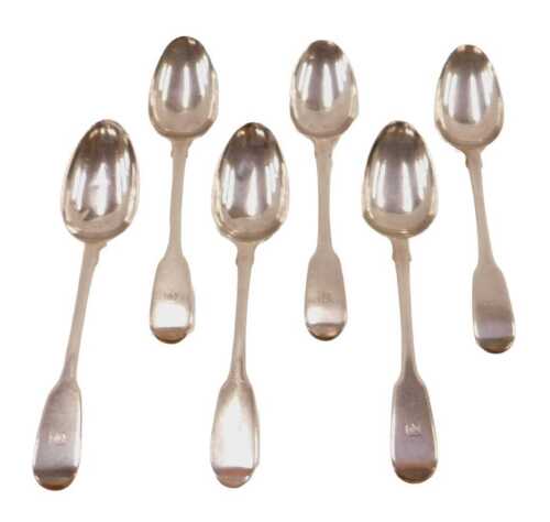 A set of six George IV silver spoons, Fiddle pattern initialled by William Eaton, London 1828,...