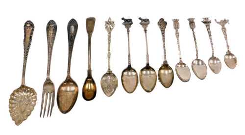 Various flatware, to include Dutch teaspoon, with heavily etched bowl and turned stem with...