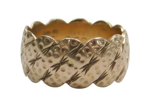 A 9ct gold patterned wedding band, of bar, dot and cross design, maker MS&S, London 1971, ring...