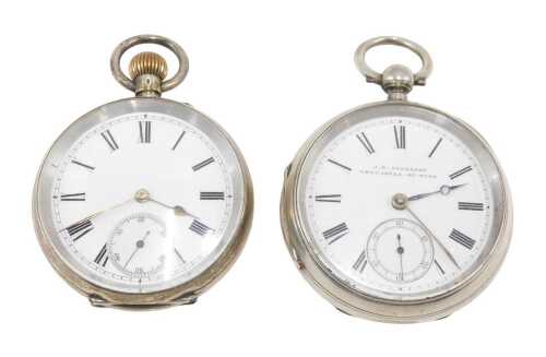 A Victorian silver open faced pocket watch, the 4cm diameter Roman numeric enamel dial marked J...