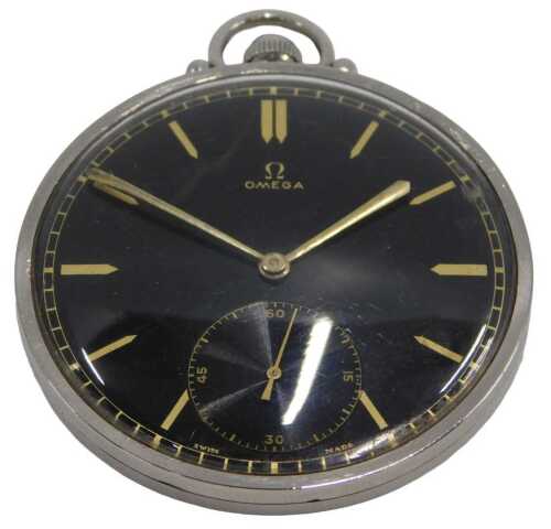 A mid-20thC Omega Art Deco open faced pocket watch, the 4cm diameter blackened dial with baton...