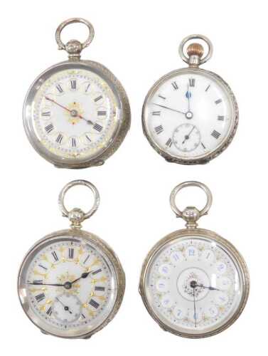 An early 20thC fob watch, the 3cm diameter fancy Roman numeric dial, partially enamelled in a...
