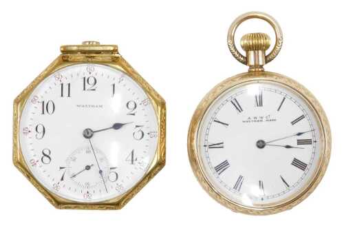 An early 20thC Waltham open faced pocket watch, the 4cm diameter fancy Arabic dial with...