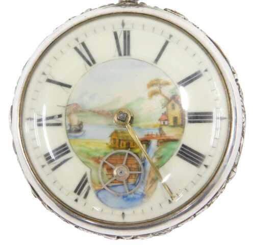 A George III silver watch case, containing a novelty watch, with 4cm diameter Roman numeric dial,...