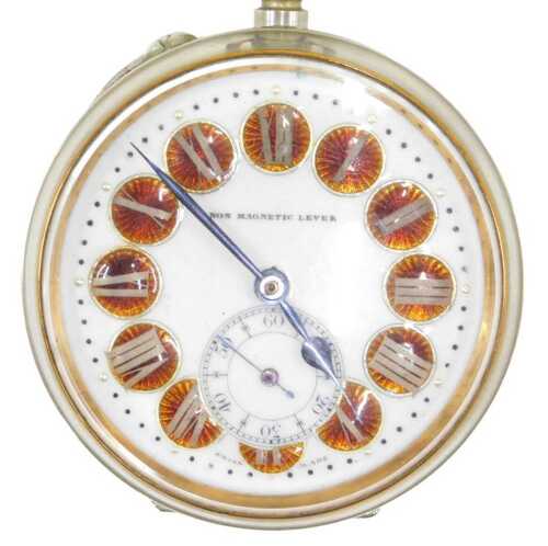 A 20thC chrome plated open face pocket watch, the 6cm diameter enamel dial with raised Roman...
