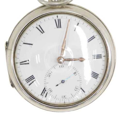 A George III silver pair cased open faced pocket watch, the 5cm diameter Roman numeric dial with...