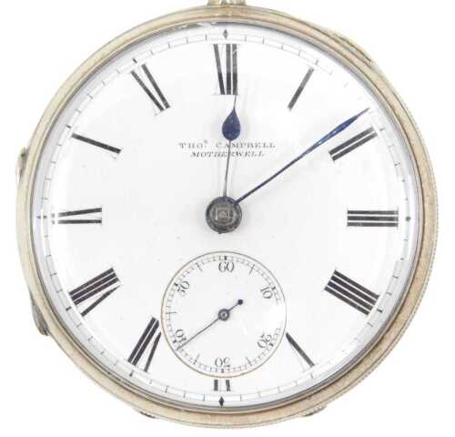 A Victorian silver open faced pocket watch, the 5cm diameter Roman numeric enamel dial signed...