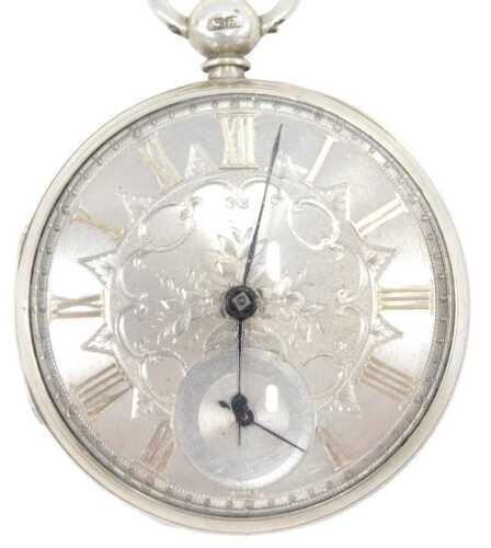 A George V silver open faced pocket watch, with fancy 5cm diameter dial, centred by a bouquet of...