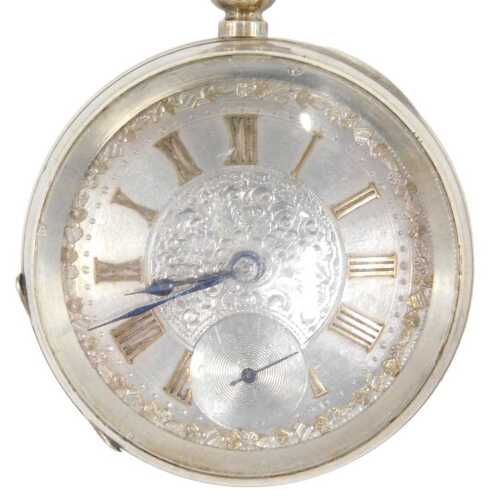 An early 20thC open faced pocket watch, the fancy 5cm diameter dial centred by a bouquet of...