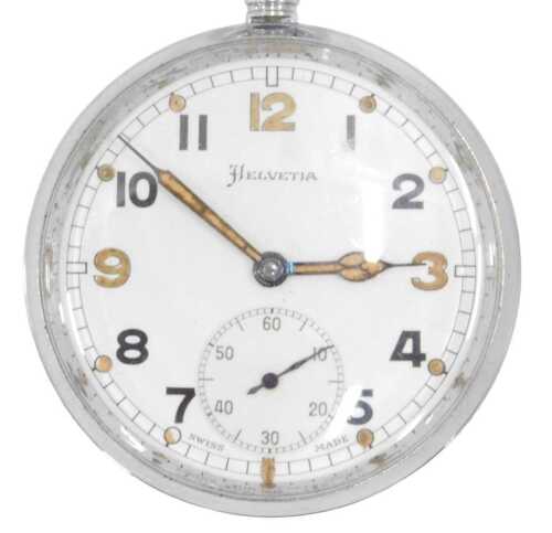A mid-20thC Helvetia military open faced pocket watch, the 5cm diameter Arabic dial with black...