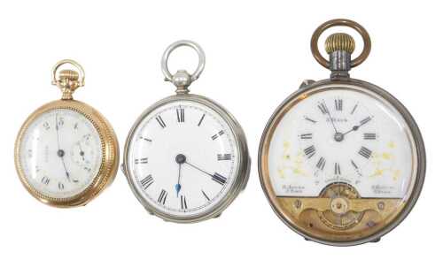 An early 20thC open faced fob watch, the 4cm diameter Roman numeric enamel dial in a fancy...