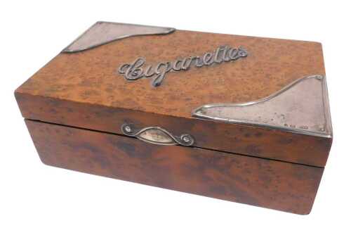 An Edward VII silver and burr wood cigarette box, of rectangular form, with plain oak interior,...