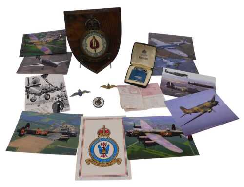 A vintage oak backed RAF squadron wall plaque, 16cm high, 16cm wide, 4cm deep, a small quantity...
