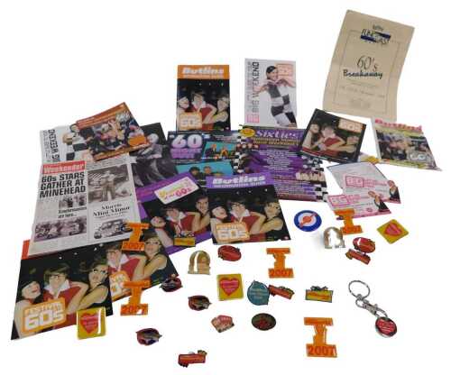 Various vintage Butlins ephemera, pin badges, etc., enamel style badges, Premier Club badge 2011,...