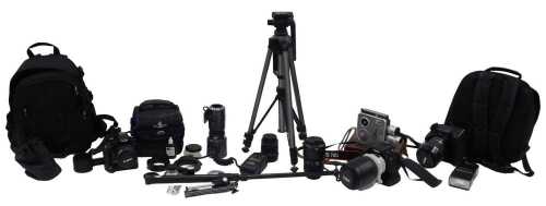 Various cameras, related equipment, etc., Vivitar and other accessories, an Admica 8 camera, a...