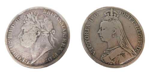 Coins. A Queen Victoria crown 1890, and a George III 1822 crown. (2)