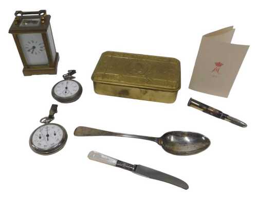 A Princess Mary brass World War I Christmas tin 1914 with Bullet Pencil and Card, a chrome...