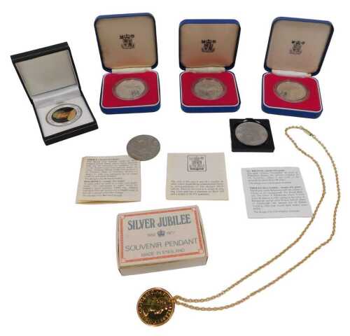 Various coins, three Queen Elizabeth II Silver Jubilee commemorative crowns, each with sterling...