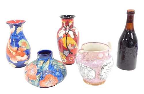A 19thC Sunderland lustre jug, on a pink lustre ground, 17cm high, (AF), together with three Old...