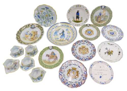 Four French Faience cabinet plates and chargers, comprising an early 19thC Quimper plate,...