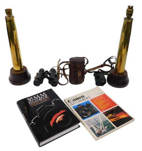 Various brassware, a pair of trench art style lamps, on wooden bases with shell stems and modern...