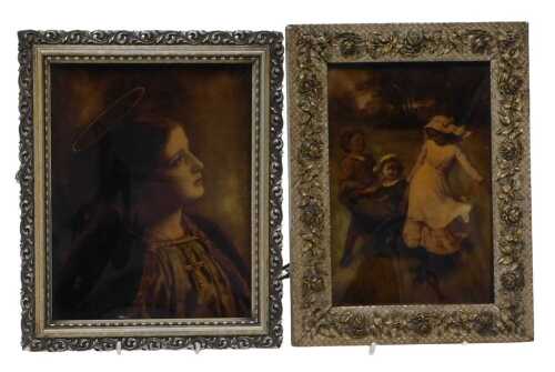 A Victorian crystoleum formed as a lady in religious dress, in reflective mood, 24cm x 19cm, and...