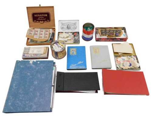 Various stamps, world used and others, loose stamps, some in albums, red, white and blue tin...