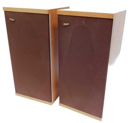 A pair of Bowers & Wilkins teak cased vintage electronic speakers, both numbered, 54cm high,...