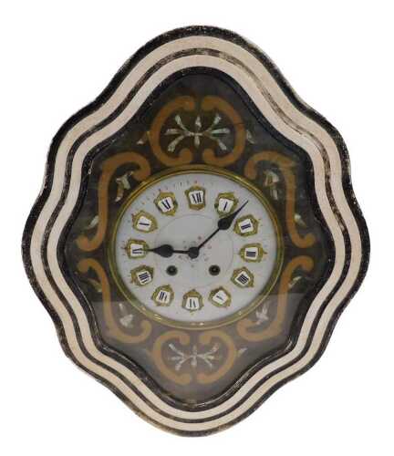 A 19thC ebonised cased French wall clock, the striped case revealing a fancy interior, with 24cm...