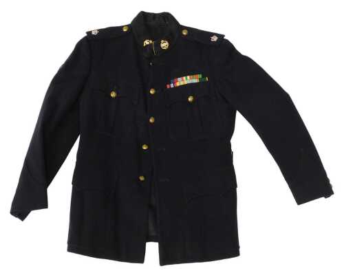 A vintage Royal Tank Regiment No. 1 service dress blue tunic, with various brass RTR buttons,...