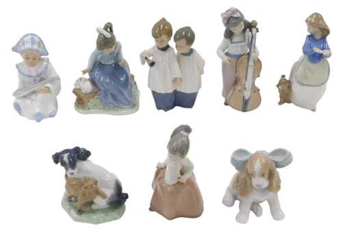 Various Nao and similar figures, child playing double bass, 18cm high, various other figures,...