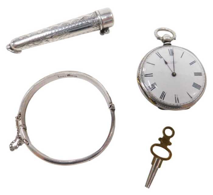 An early 20thC fob watch, with 4cm diameter enamel Roman numeric dial, in fancy chased case with...