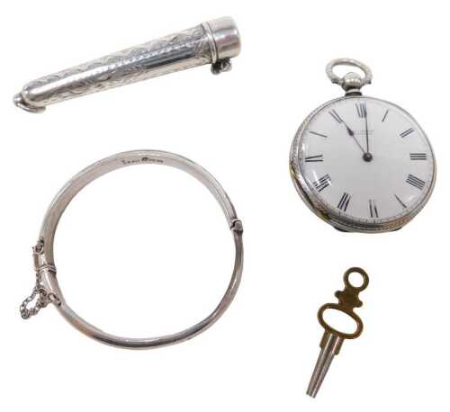 An early 20thC fob watch, with 4cm diameter enamel Roman numeric dial, in fancy chased case with...