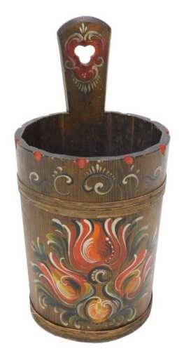 A 20thC Scandinavian style Orsemaling bargeware type bucket, with fixed part pierced handle, the...