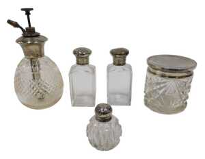 A George V silver cut glass dressing table jar, with plain lid, on circular body hobnail cut,...