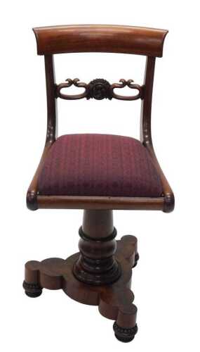 A 19thC mahogany Gillows design cellist or music chair, with curved top rail, carved part...